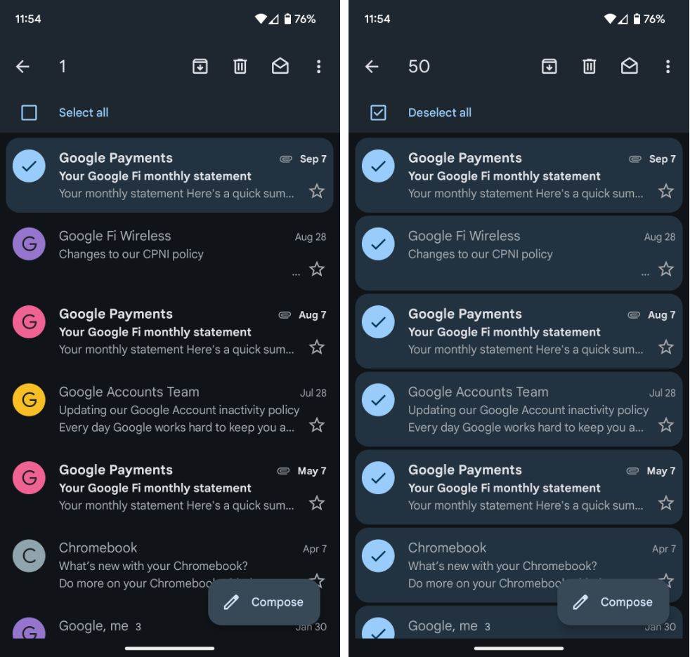 Gmail aplikacija, select all opcija Gmail aplikacija, select all opcija