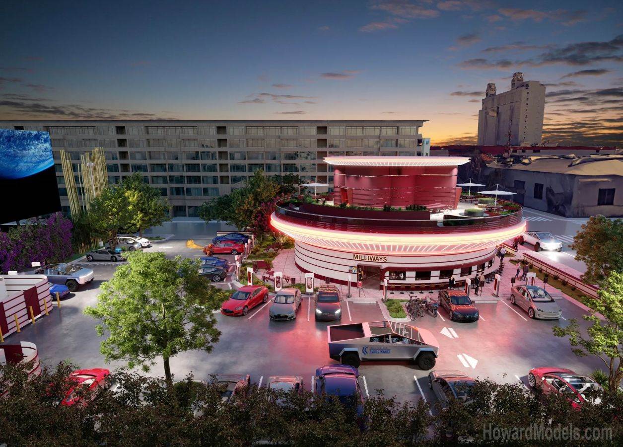 Tesla Supercharger station,  Tesla bioskop restoran - Tesla   Tesla Supercharger station,  Tesla bioskop restoran - Tesla