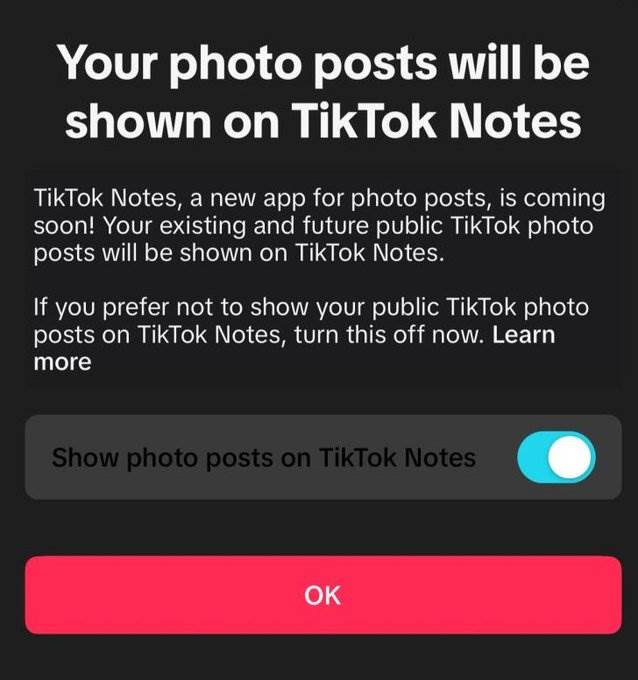 TikTok obaveštenje o lansiranje Notes aplikacije TikTok obaveštenje o lansiranje Notes aplikacije