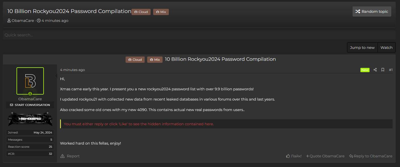 RockYou2024 objava na hakerskom forumu RockYou2024 objava na hakerskom forumu