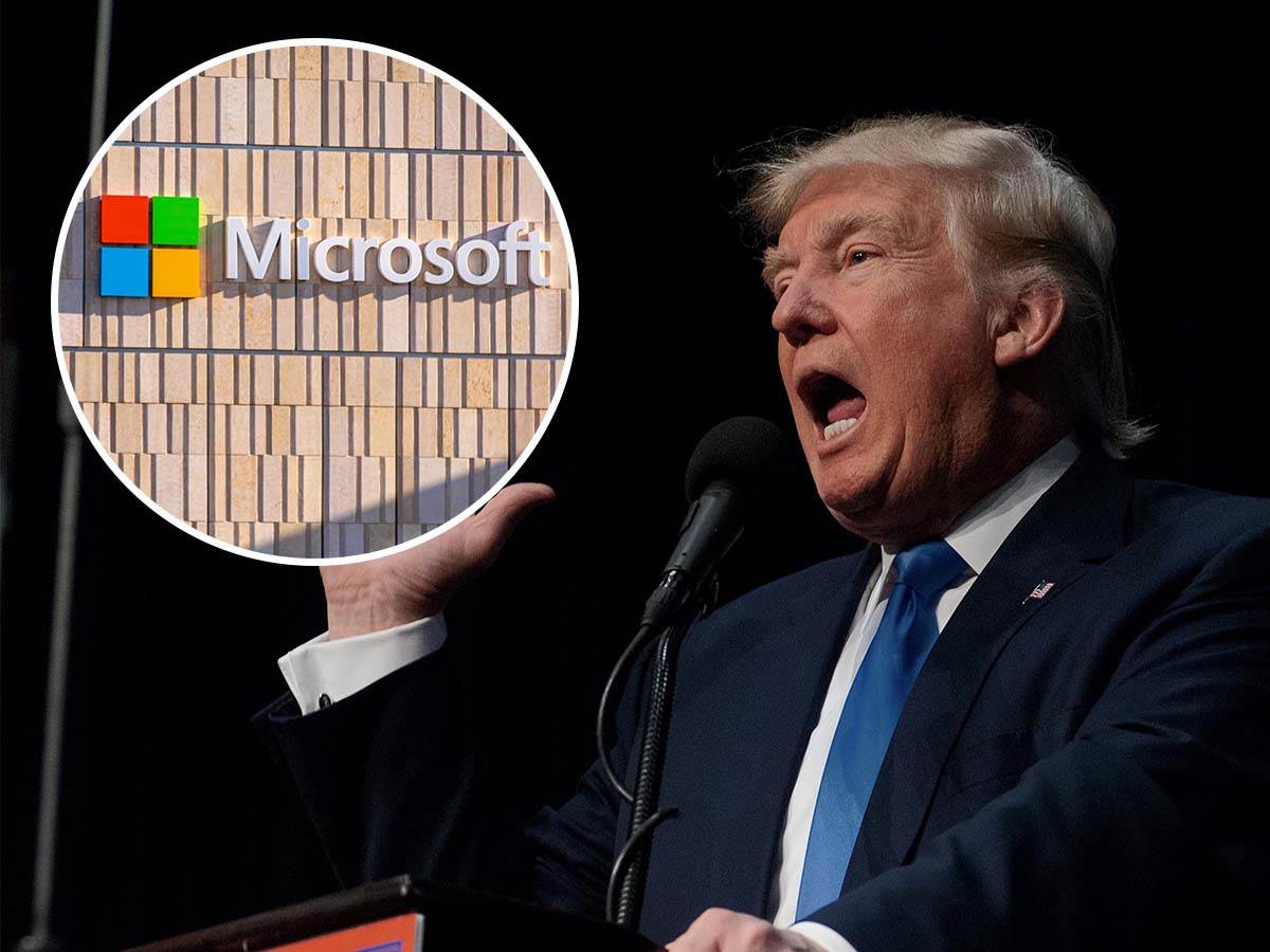  Donald Tramp i Microsoft logo - ilustracija konflikta oko kadrovskih promena u tehnološkoj kompaniji 
