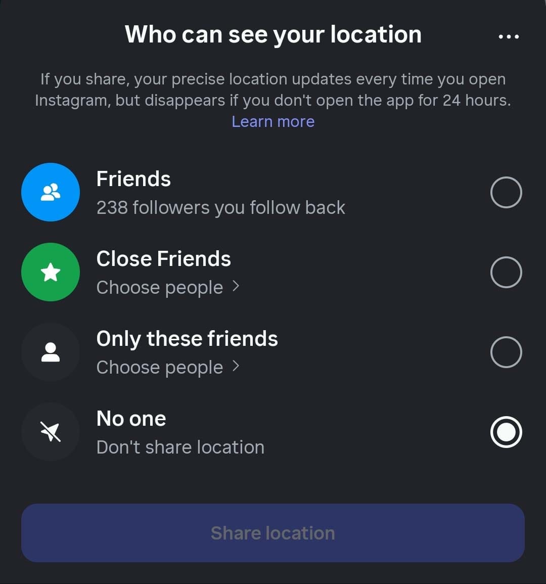 Instagram Map opcije deljenja lokacije Instagram Map opcije deljenja lokacije