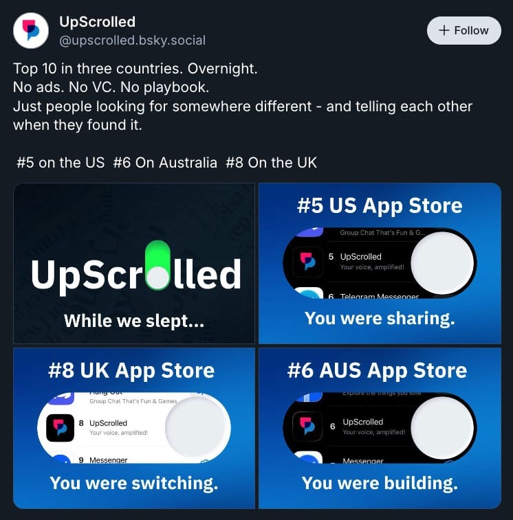  UpScrolled objava na Bluesky 