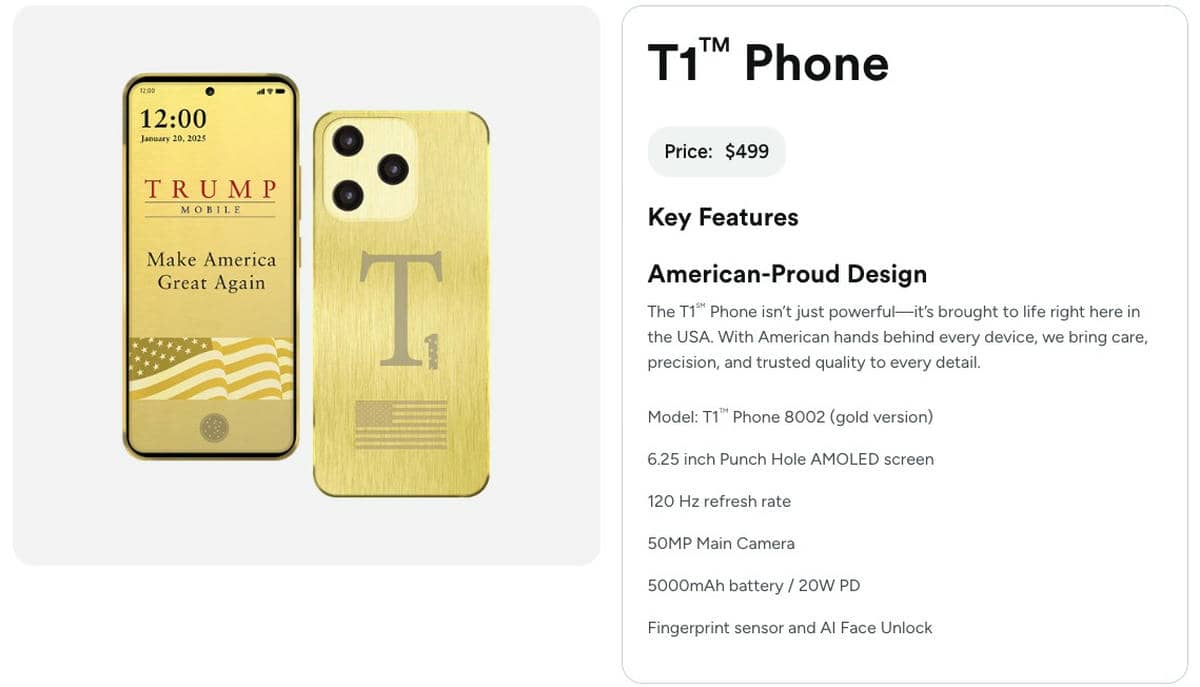  Listing T1 Phone telefona na Trump Mobile sajtu 