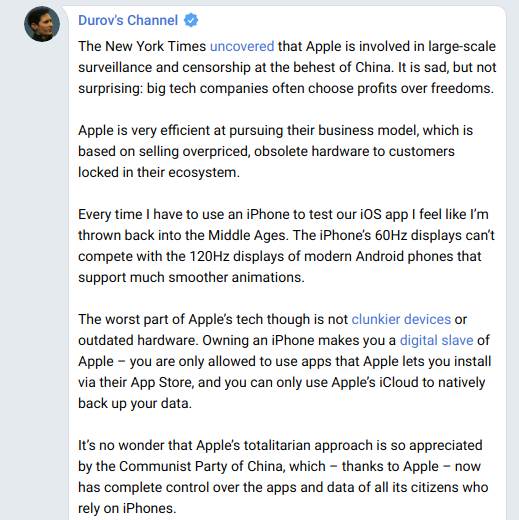  pavel durov telegram aplikacija kompanija apple app store kritika 