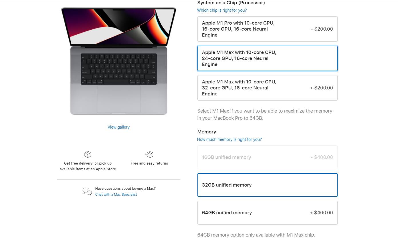  M1 verzije čipova na 16'' modelu - SmartLife / Apple.com / Printscreen 