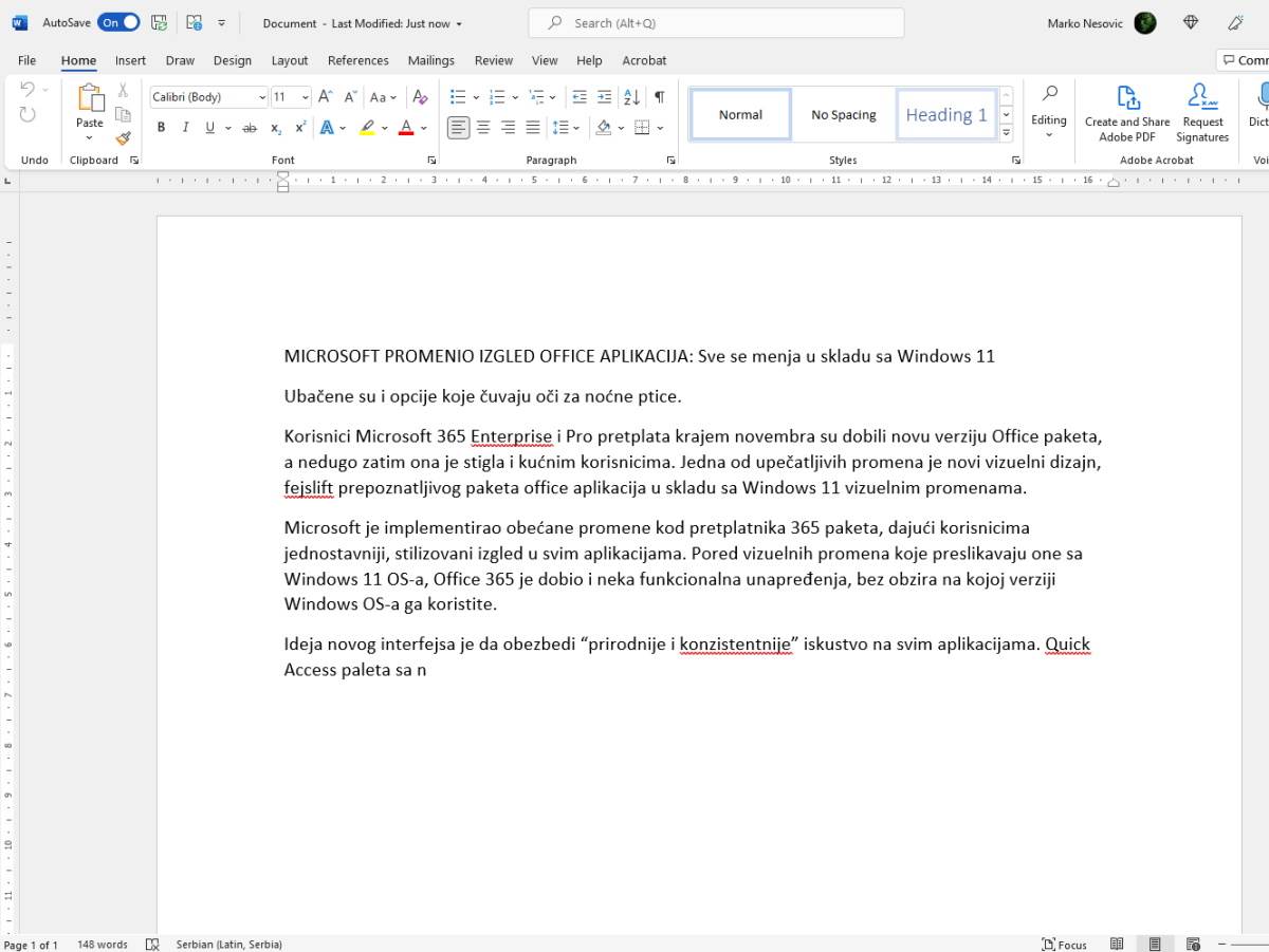  Word novi izgled prozora - SmartLife / Marko Nešović / Office 365 / Printscreen 
