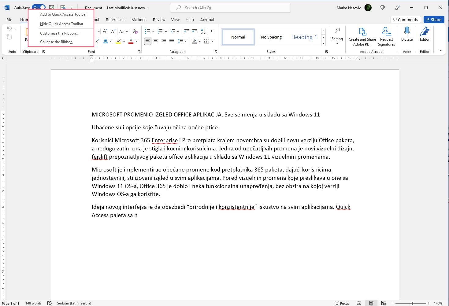 Word uključivanje/isključivanje Quick Access panela - SmartLife / Marko Nešović / Office 365 / Printscreen   Word uključivanje/isključivanje Quick Access panela - SmartLife / Marko Nešović / Office 365 / Printscreen