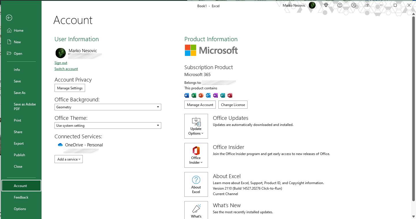  Excel podešavanje naloga i odabir teme - SmartLife / Marko Nešović / Office 365 / Printscreen 