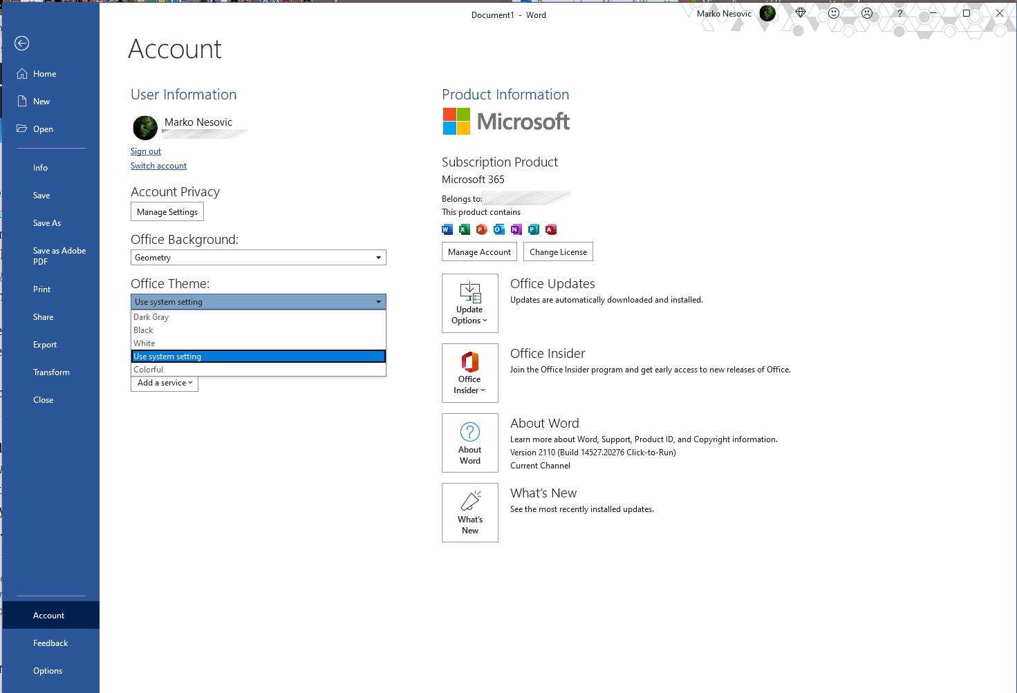  Podešavanje naloga u Word aplikaciji - SmartLife / Marko Nešović / Office 365 / Printscreen 