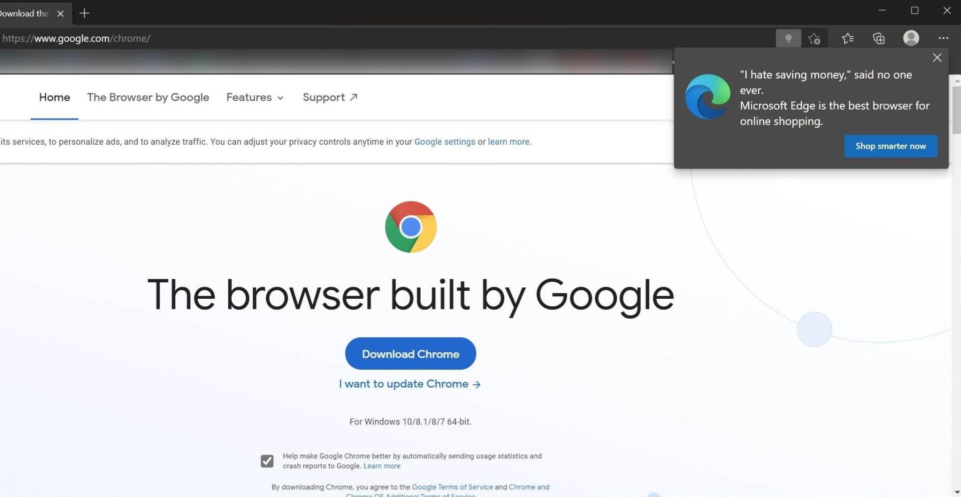  Poruka u Edge browseru da ne idete na Chrome 