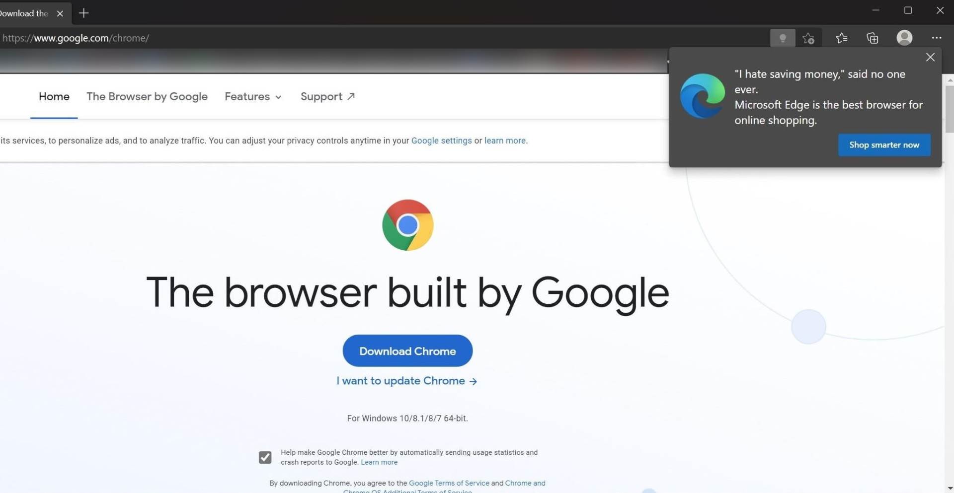 Poruka u Edge browseru da ne idete na Chrome Poruka u Edge browseru da ne idete na Chrome