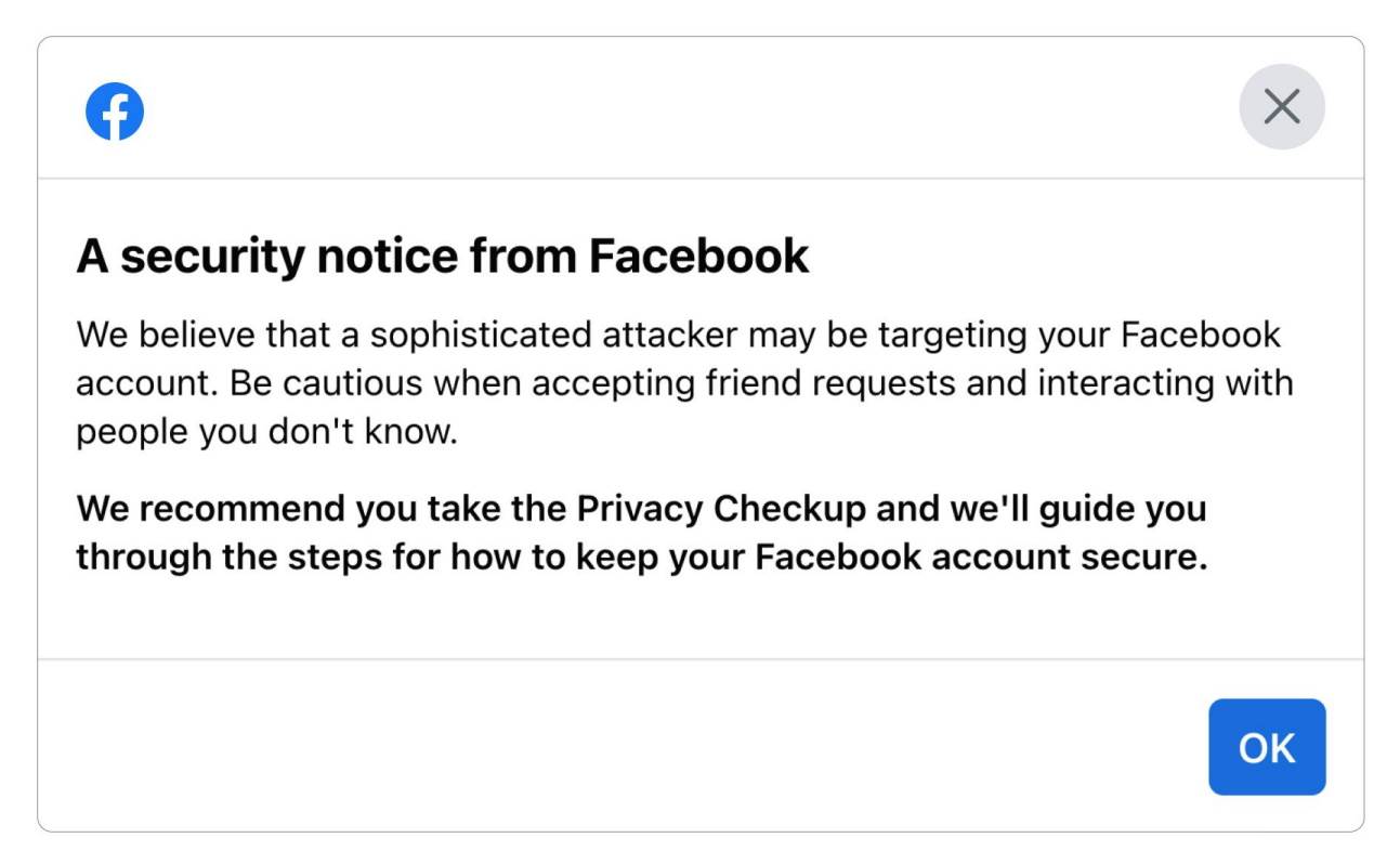  Facebook obaveštenje o potencijalnoj opasnosti - SmartLife / about.fb.com / Screenshot 