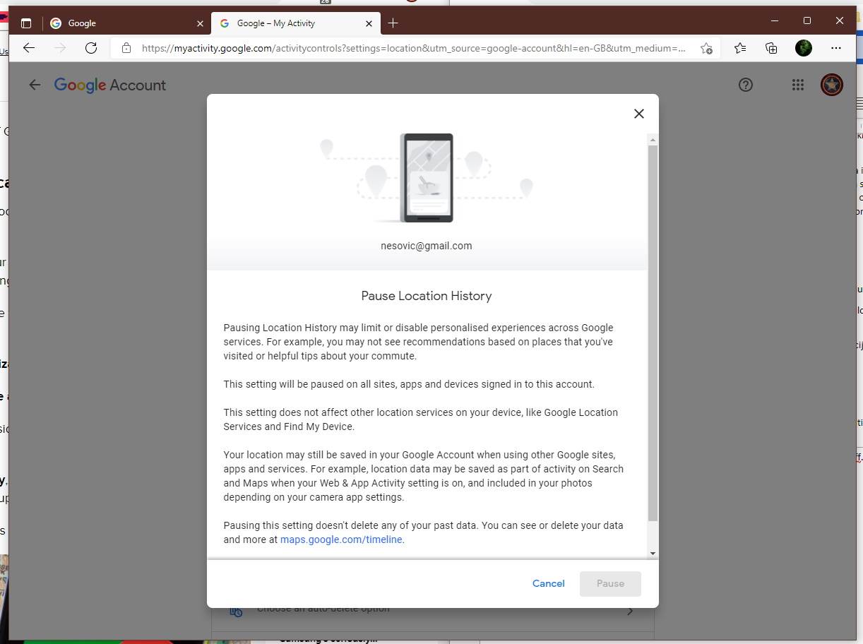 Prozor za pauziranje lokacije   Prozor za pauziranje lokacije