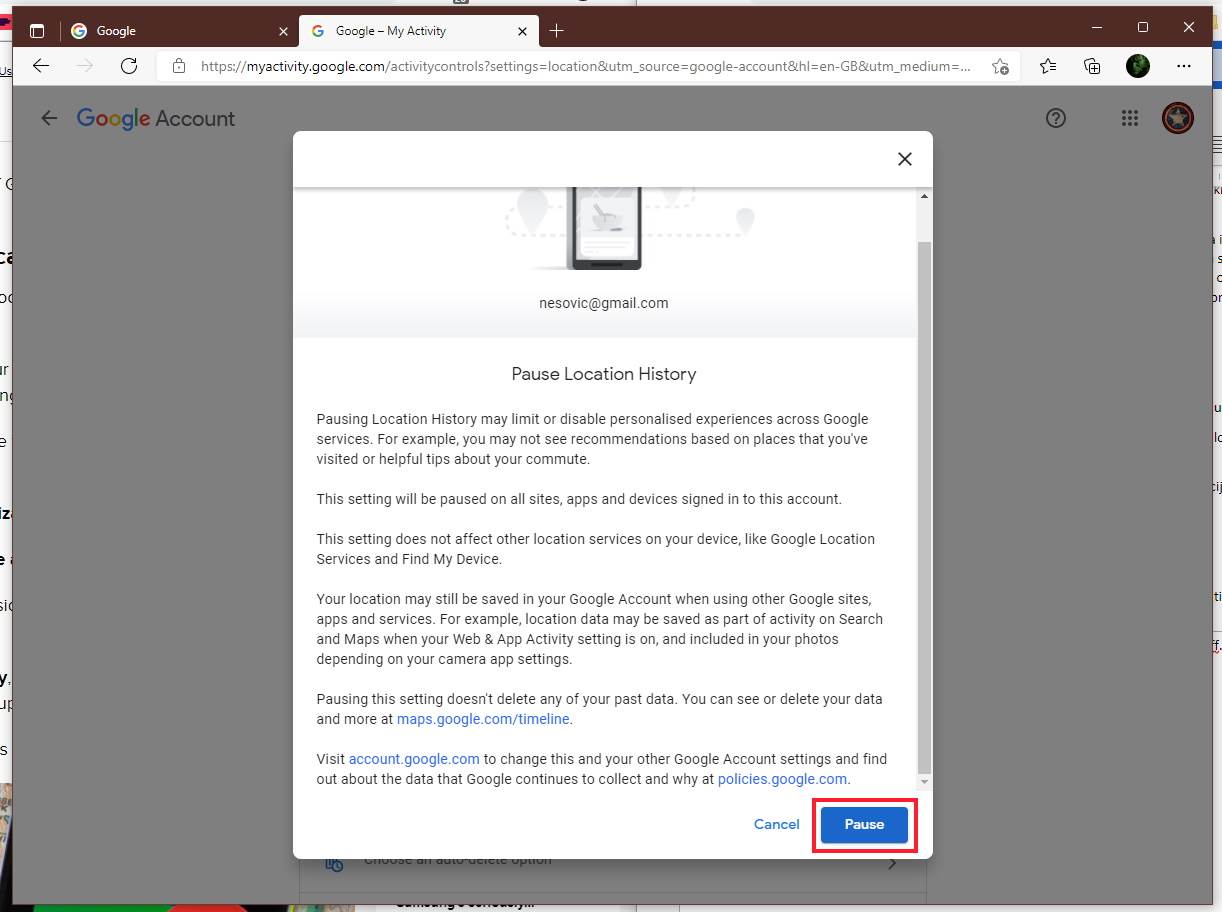 Dugme koje pauzira praćenje lokacije - SmartLife / Google / Printscreen   Dugme koje pauzira praćenje lokacije - SmartLife / Google / Printscreen