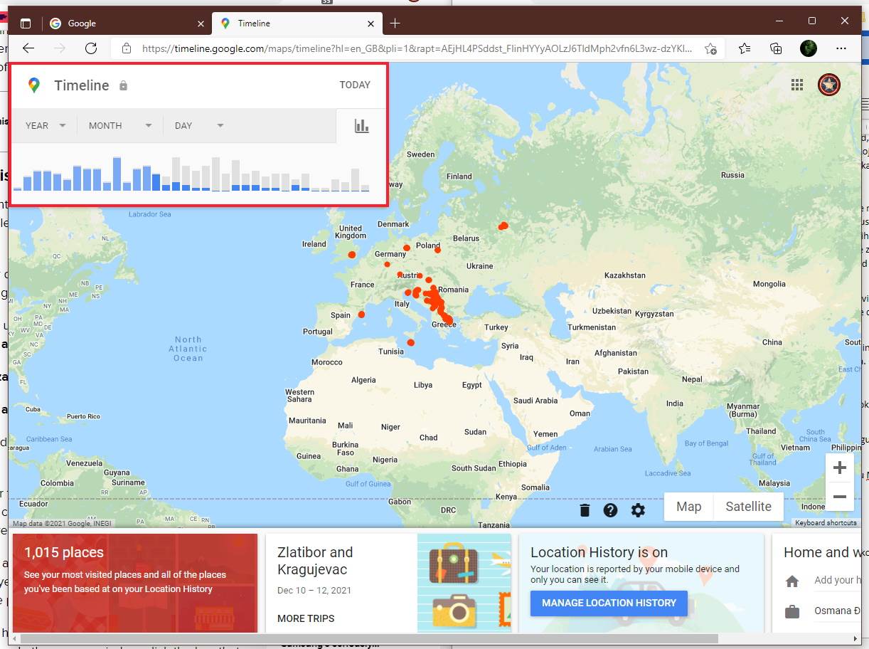 Mapa sa vremenskom linijom u gornjem levom uglu, koja pokazuje gde ste bili i u koje vreme. - SmartLife / Google / Printscreen   Mapa sa vremenskom linijom u gornjem levom uglu, koja pokazuje gde ste bili i u koje vreme. - SmartLife / Google / Printscreen