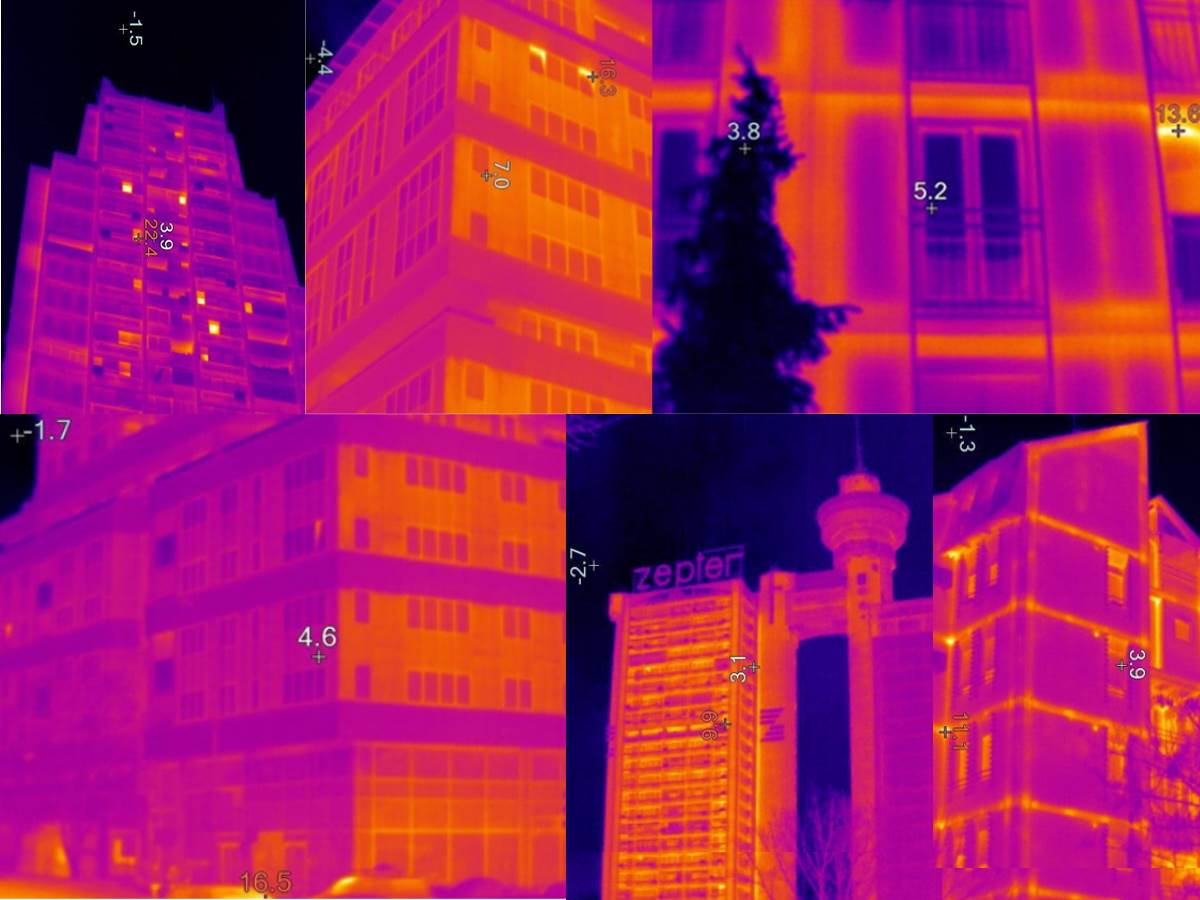  Termalne slike zgrada na kojima se vide topla i hladna mesta na fasadama i prozorima 