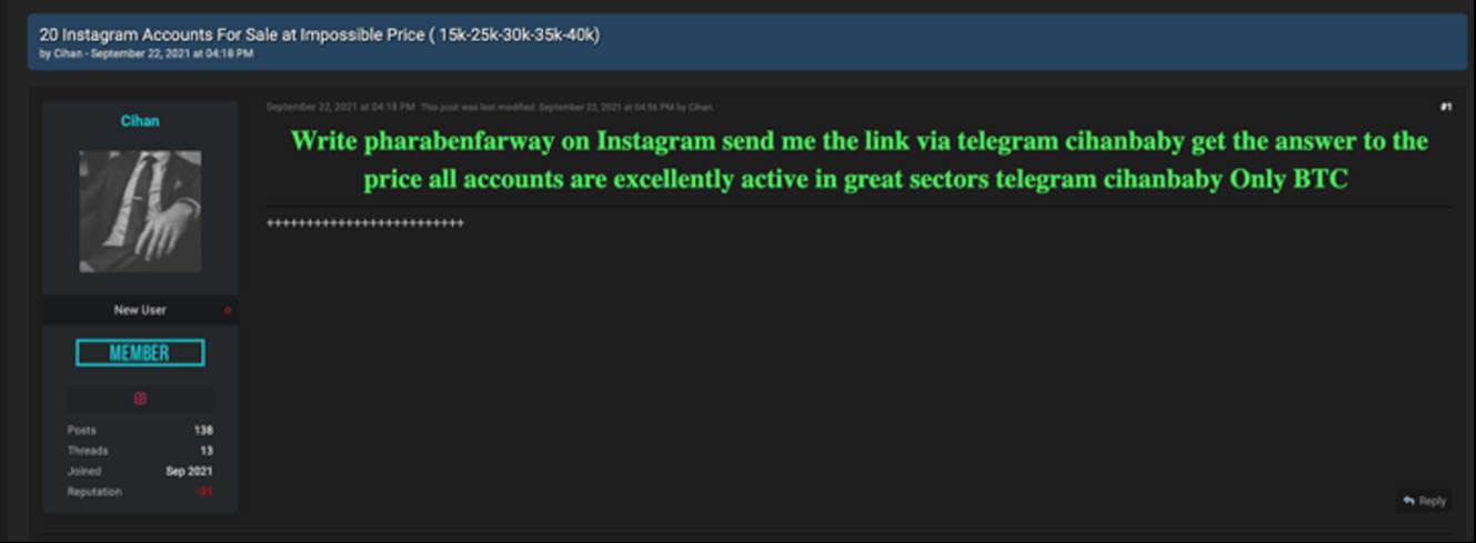  Oglas na forumu na kojem se prodaju Instagram nalozi - SmartLife / Secureworks 
