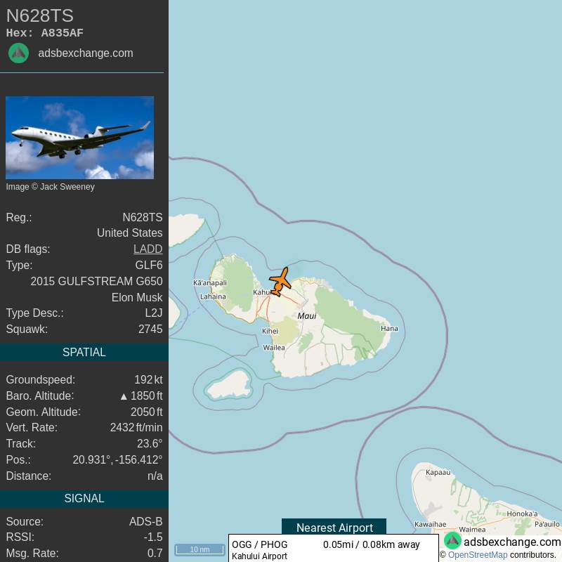  Elon Mask letovi Havaji - SmartLife / Twitter / @ElonJet 