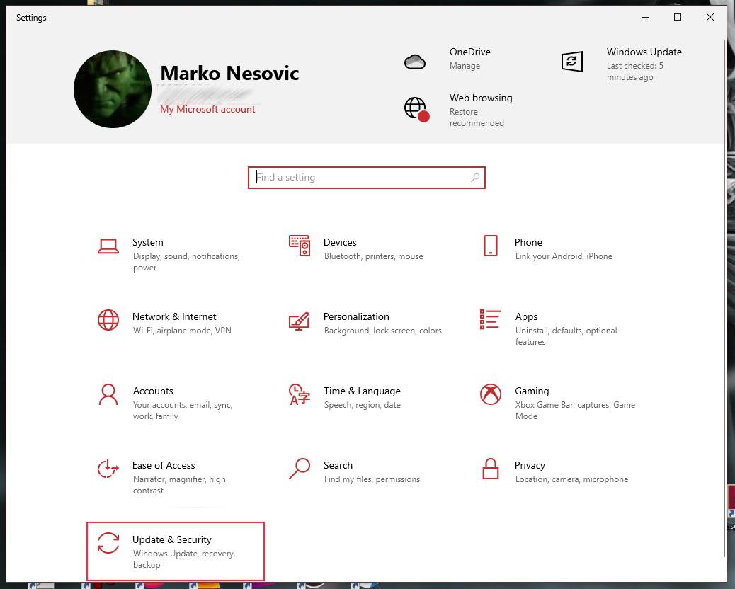  Update & Security opcija u podešavanjima - SmartLife / Marko Nešović / Windows 10 / Printscreen 