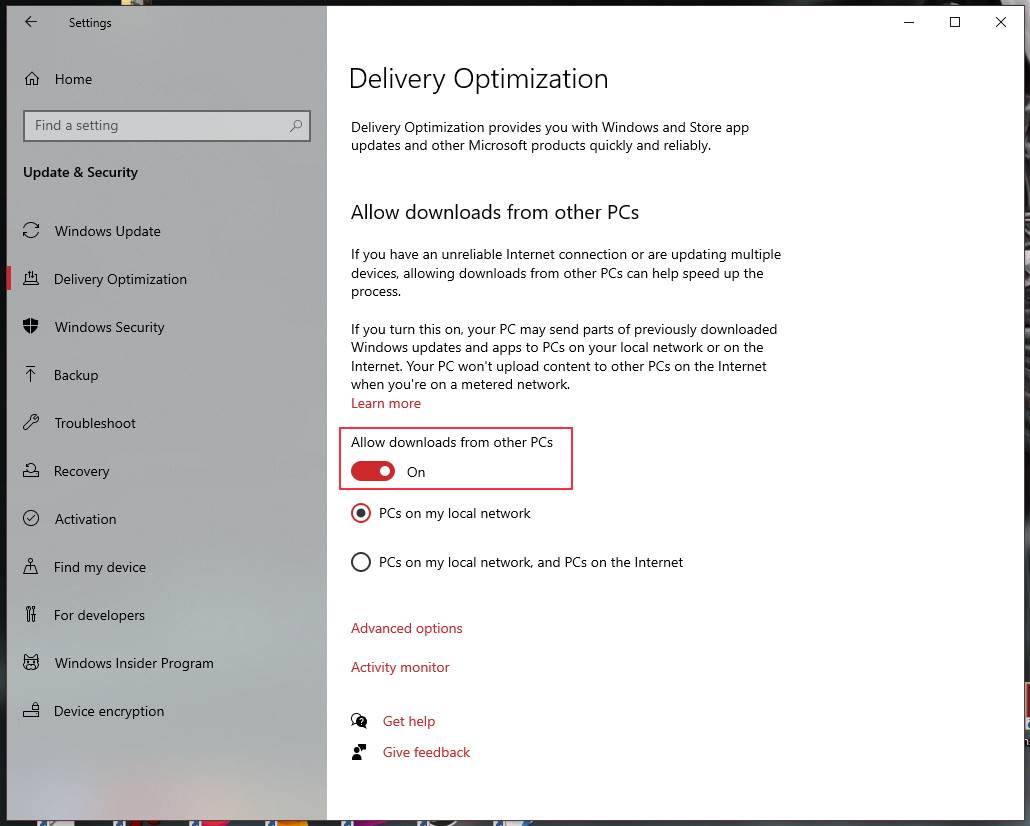  Allow downloads from other PCs opcija - SmartLife / Marko Nešović / Windows 10 / Printscreen 