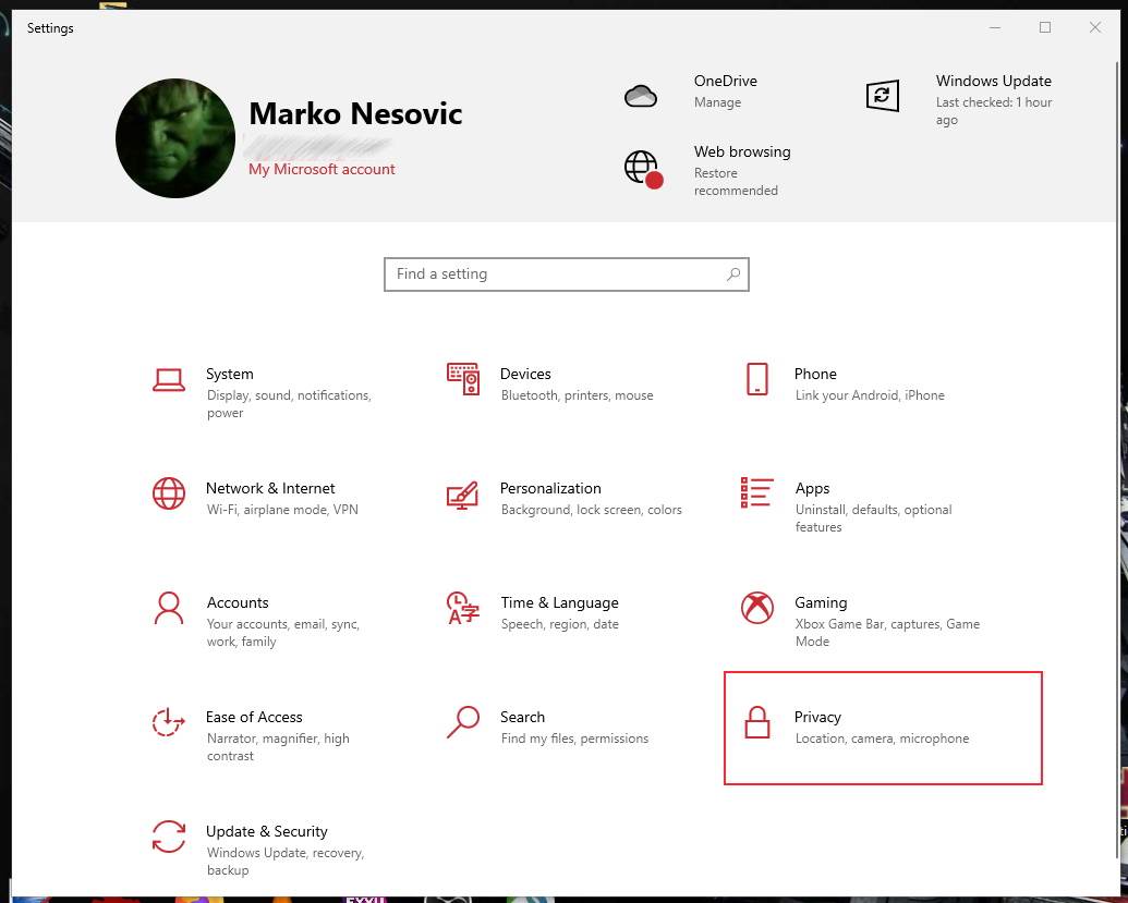  Privacy deo u podešavanjima - SmartLife / Marko Nešović / Windows 10 / Printscreen 