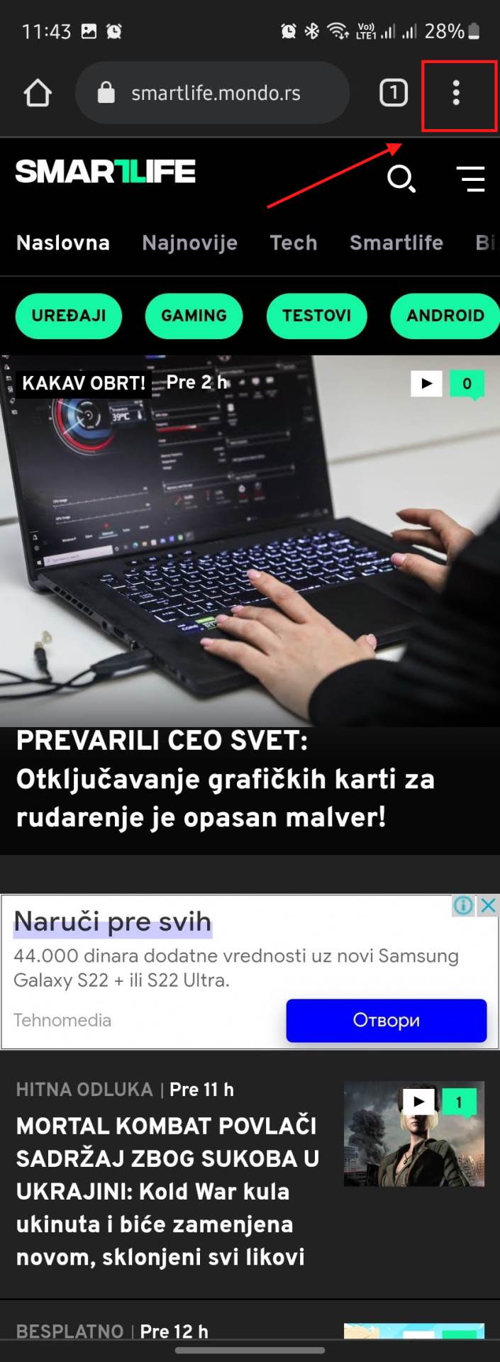 Otvaranje menija u Chrome browseru na Android telefonu - SmartLife / Marko Nešović / Chrome 