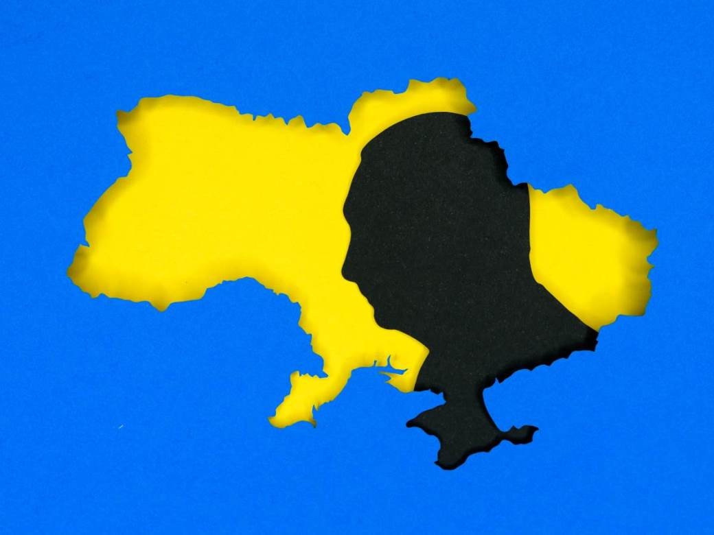 Ukrajina sa siluetom Putina preko desne strane Ukrajina sa siluetom Putina preko desne strane