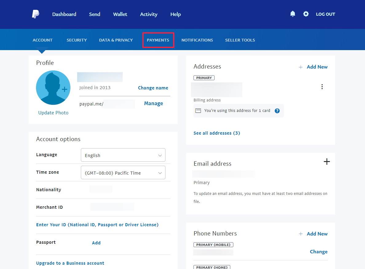  Opcije podešavanja naloga na PayPal sajtu - SmartLife / PayPal / Printscreen 