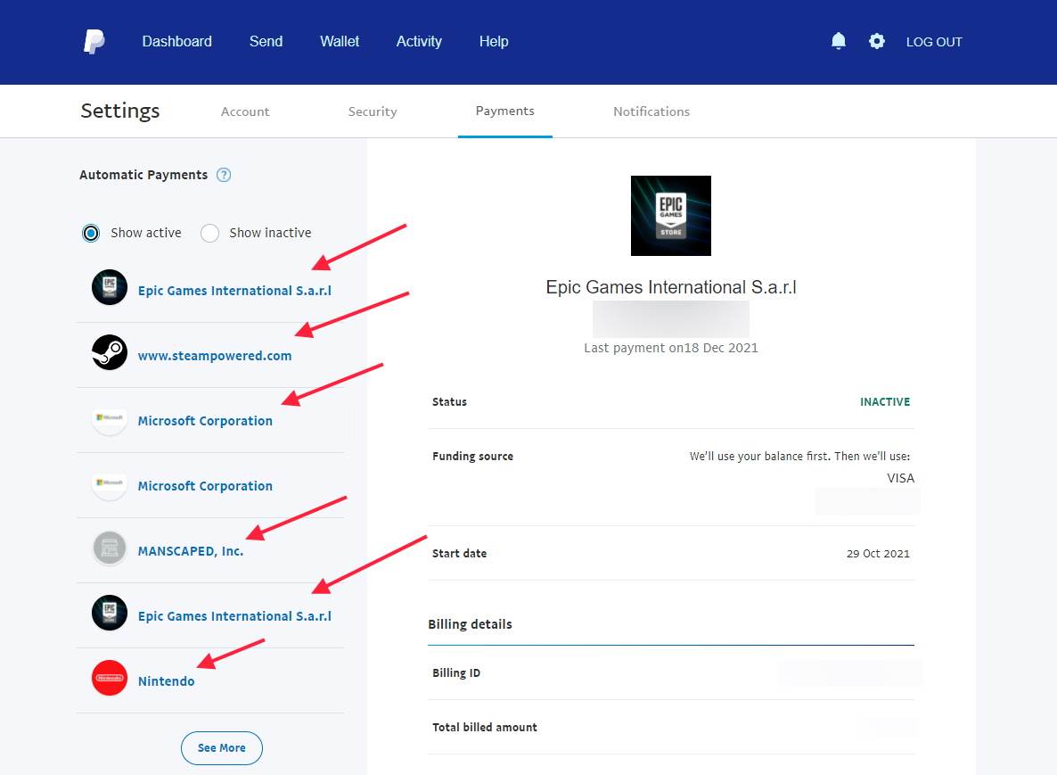 Aktivne pretplate povezane sa vašim PayPal nalogom - SmartLife / PayPal / Printscreen 