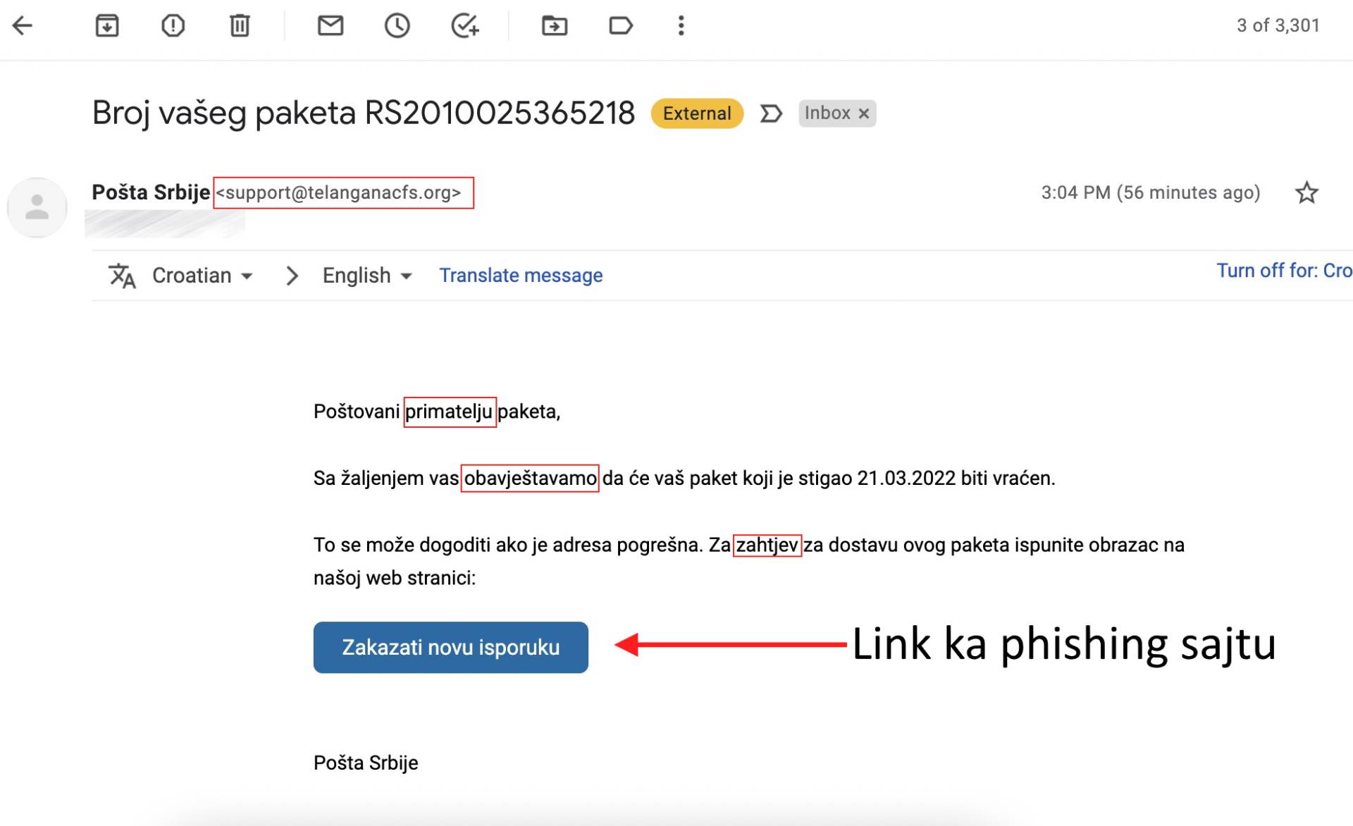  Email sa phishing napadom - SmartLife/Screenshot 