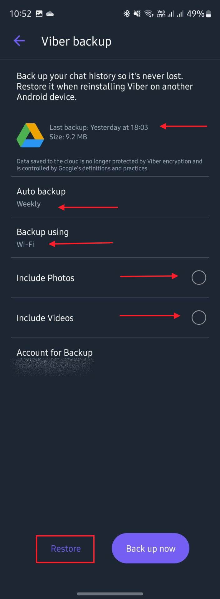 Raspoložive opcije za bekap i povraćaj podataka - Viber/Screenshot   Raspoložive opcije za bekap i povraćaj podataka - Viber/Screenshot