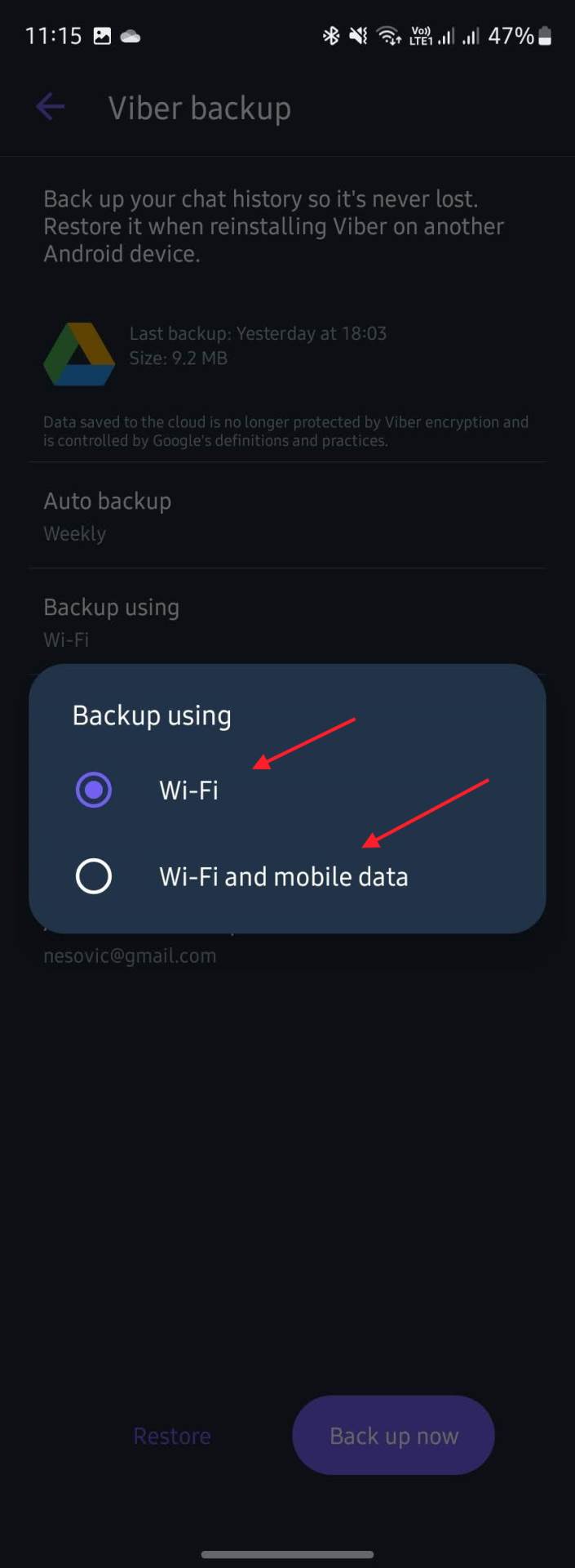  Kada se vrši bekap - Viber/Screenshot 