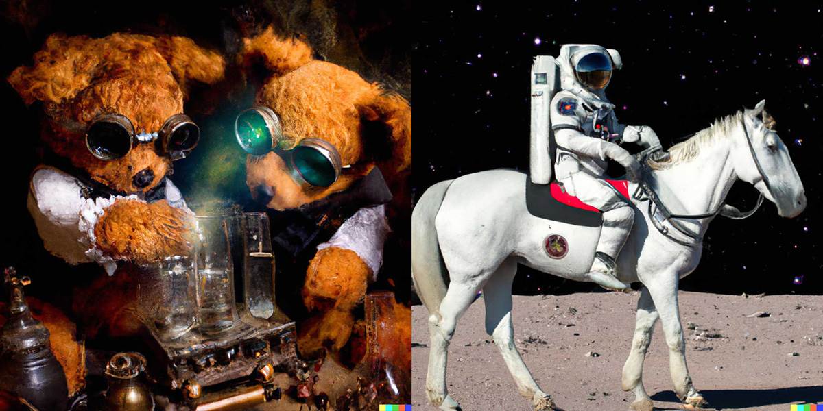 Dall-E 2 slike generisane na osnovu opisa plišane mede astronaut jaše konja Dall-E 2 slike generisane na osnovu opisa plišane mede astronaut jaše konja