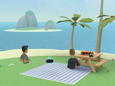 Builder Bot i metaverzum kreiran kroz konverzaciju: plaža, ostrvo, palme, sto i stolice 